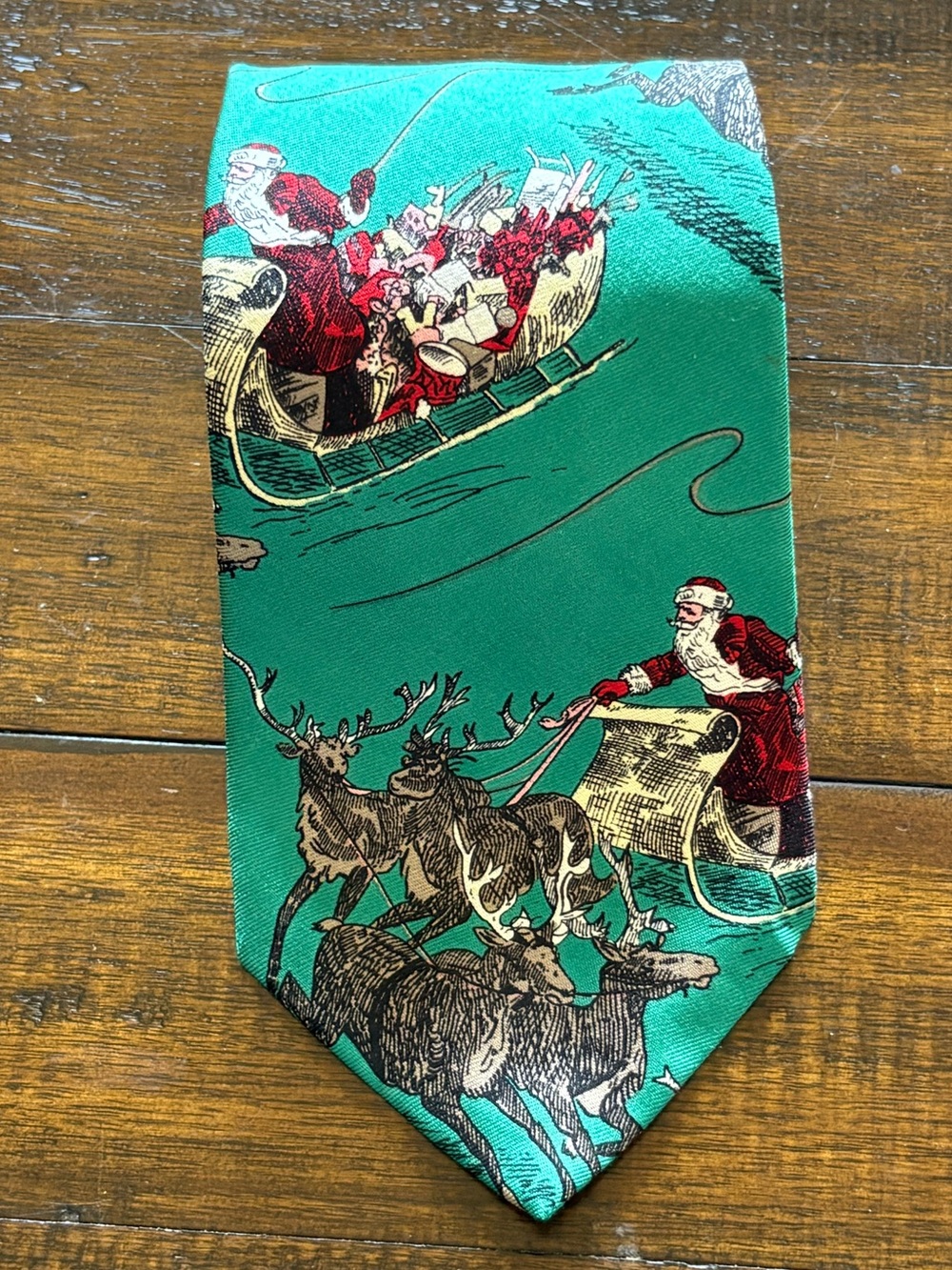 Festive/Holiday Green 100% Silk Tie with Santa & Reindeer Drawings/Details